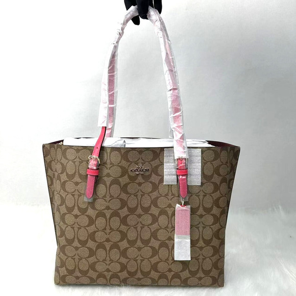 Coach Mollie Tote Bag In Signature Canvas In Khaki/Electric Pink 1665 NWT - Picture 1 of 11